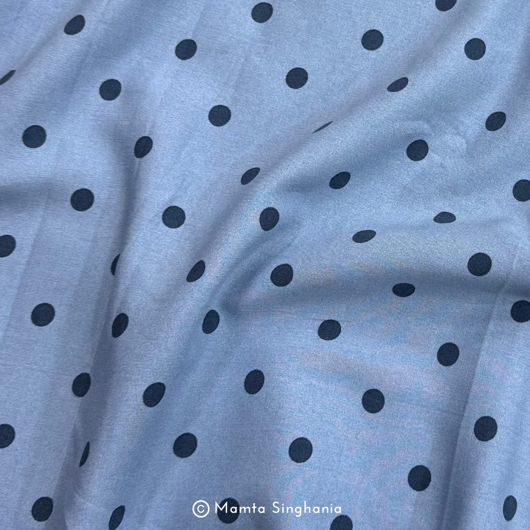 Blue Polka Dot Printed Muslin Rayon Fabric