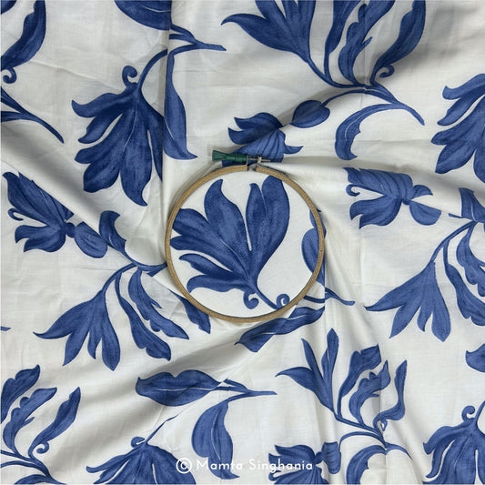 White Blue Floral Printed Cotton Fabric