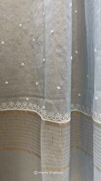 Powder Blue Mul Chanderi Unstitched Chikankari Suit Set