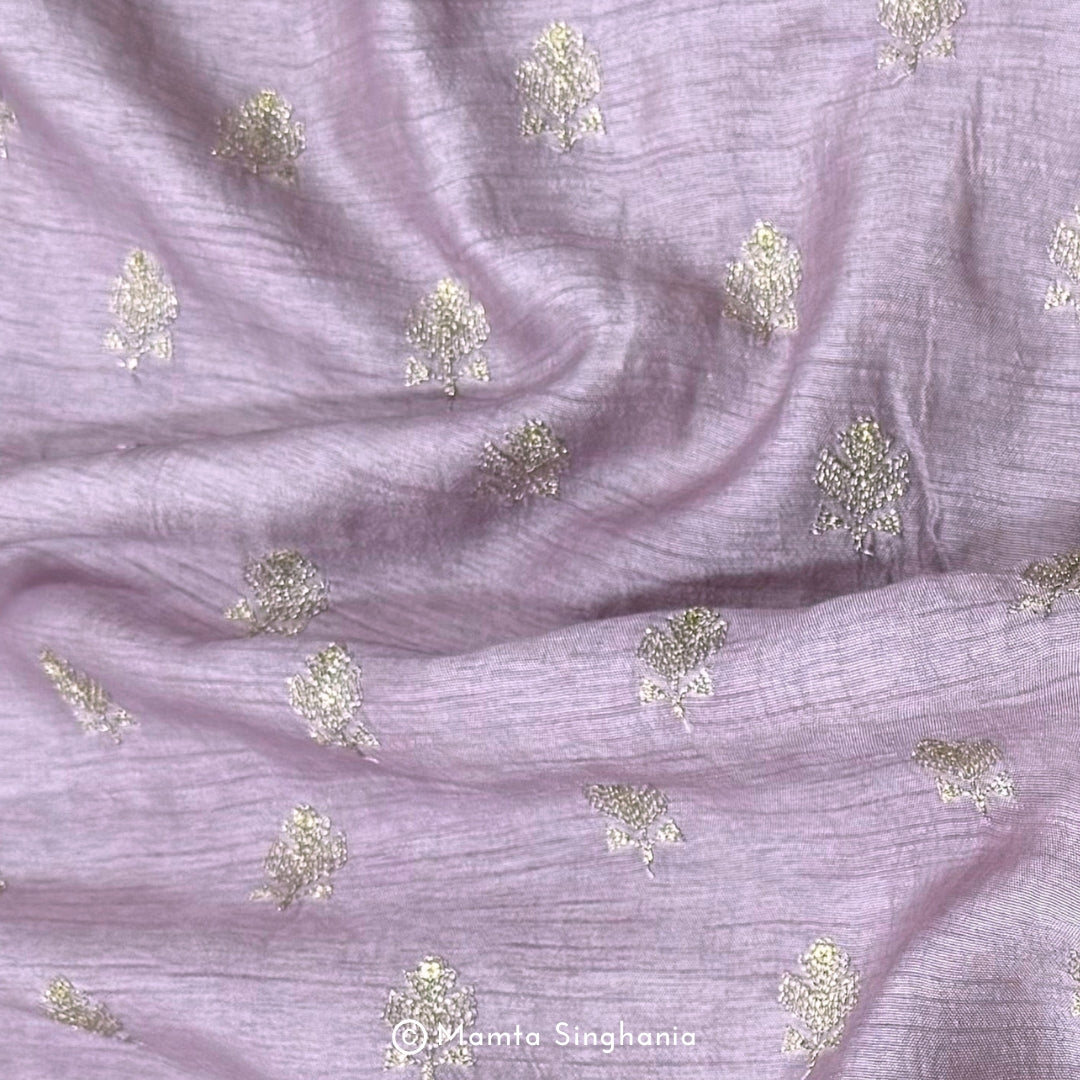 Light Purple Floral Embroidered Raw Silk Fabric