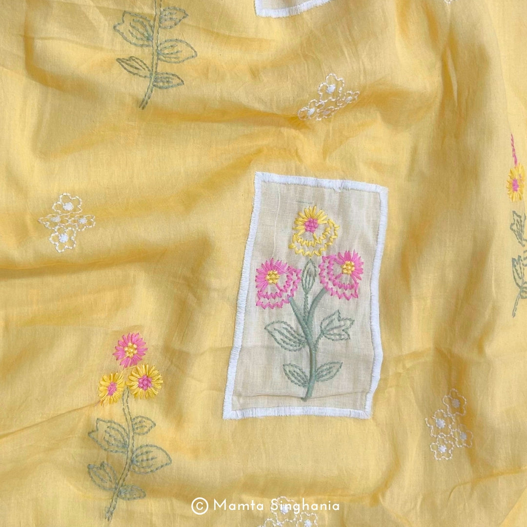 Mango Yellow Floral Embroidered Mul Chanderi Fabric