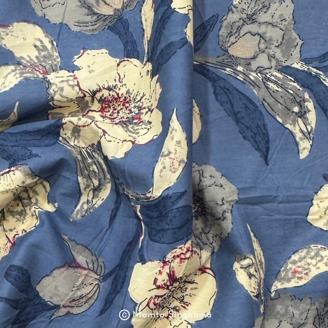 Blue Floral Printed Cotton Fabric