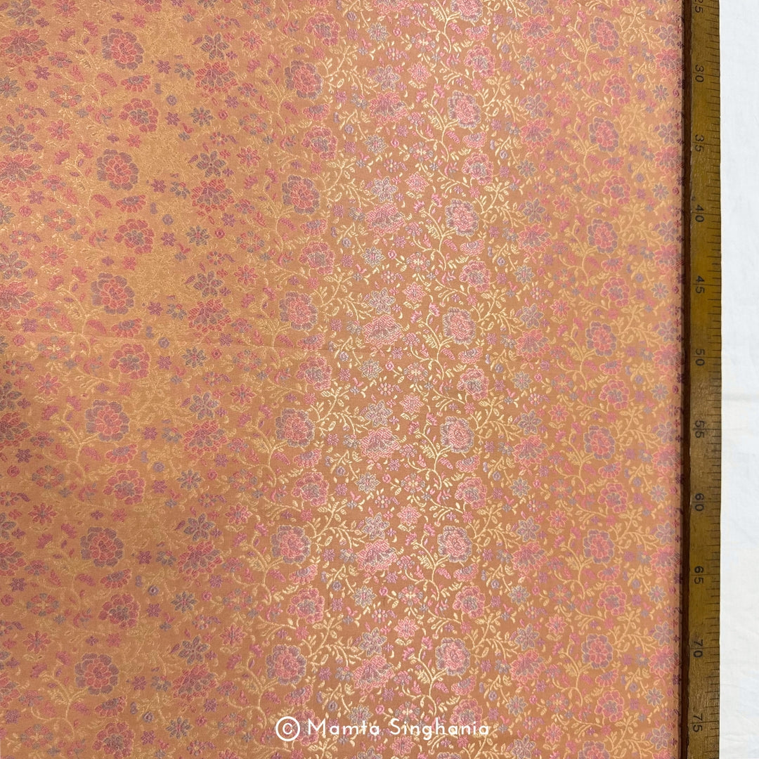 Peach Pink Floral Banarasi Brocade Katan Silk Fabric