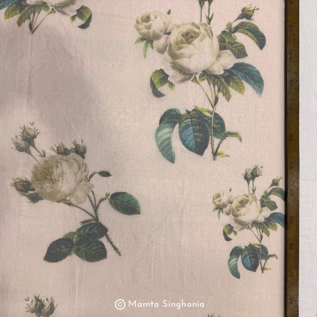 Peach Floral Printed Organza Silk Fabric