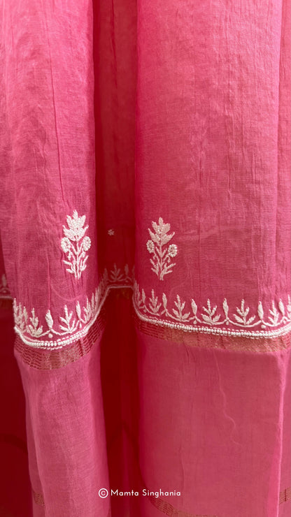 Pink Mul Chanderi Unstitched Chikankari Suit Set