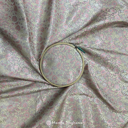 Silver Grey Floral Banarasi Brocade Katan Silk Fabric