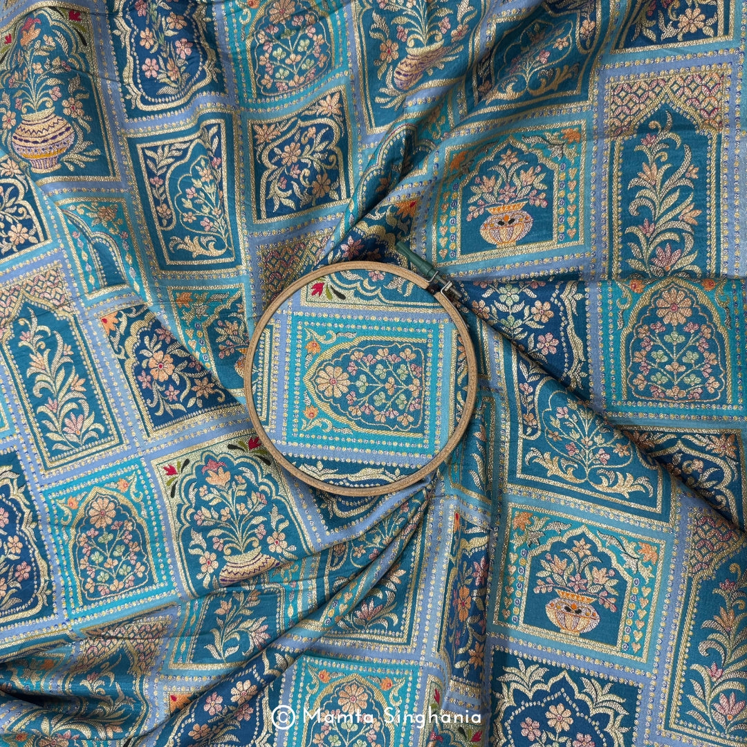 Blue Floral Banarasi Brocade Fabric