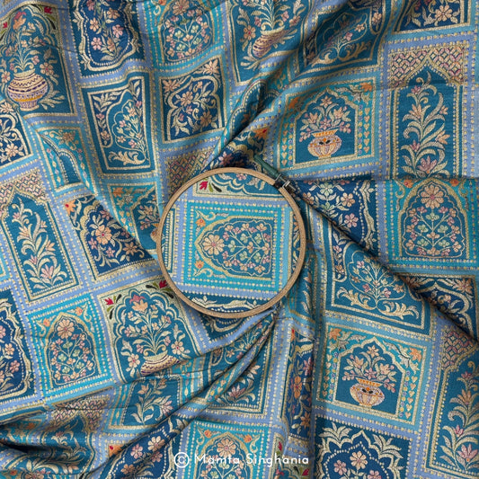 Blue Floral Banarasi Brocade Fabric