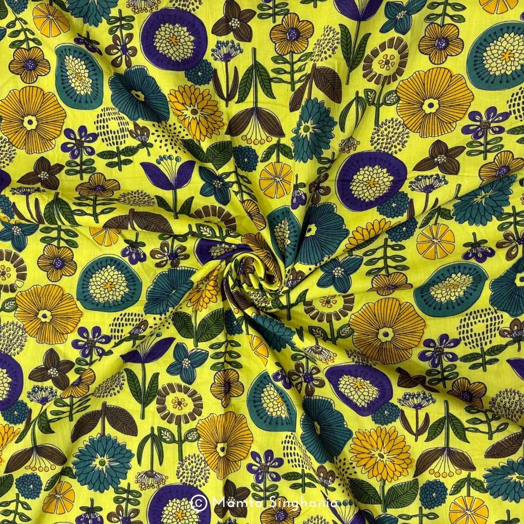 Lemon Yellow Floral Printed Fabric