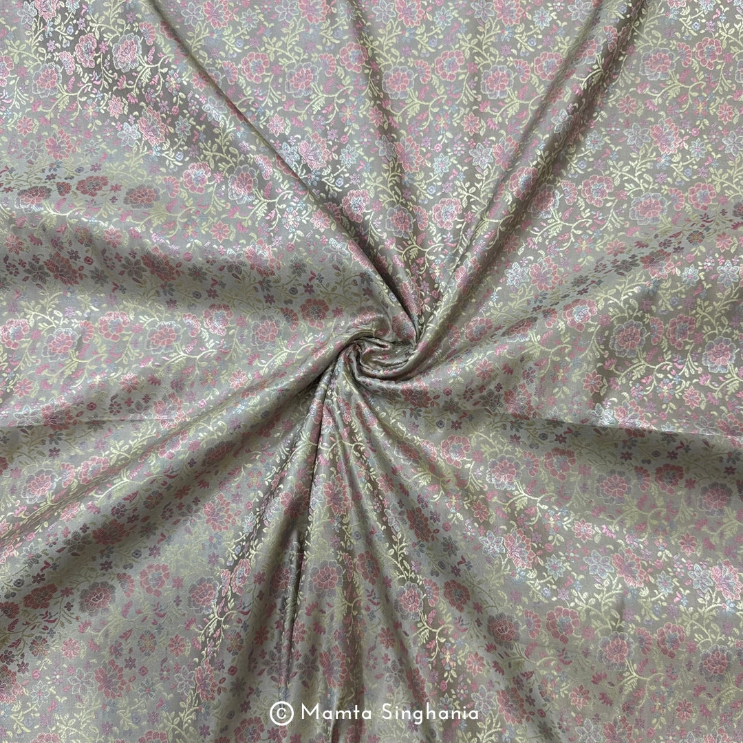 Silver Grey Floral Banarasi Brocade Katan Silk Fabric
