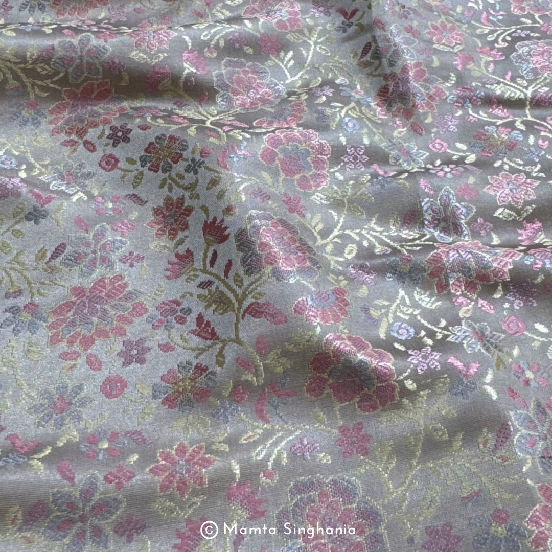 Silver Grey Floral Banarasi Brocade Katan Silk Fabric