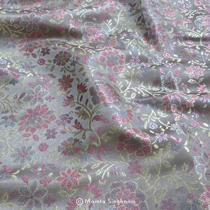 Silver Grey Floral Banarasi Brocade Katan Silk Fabric