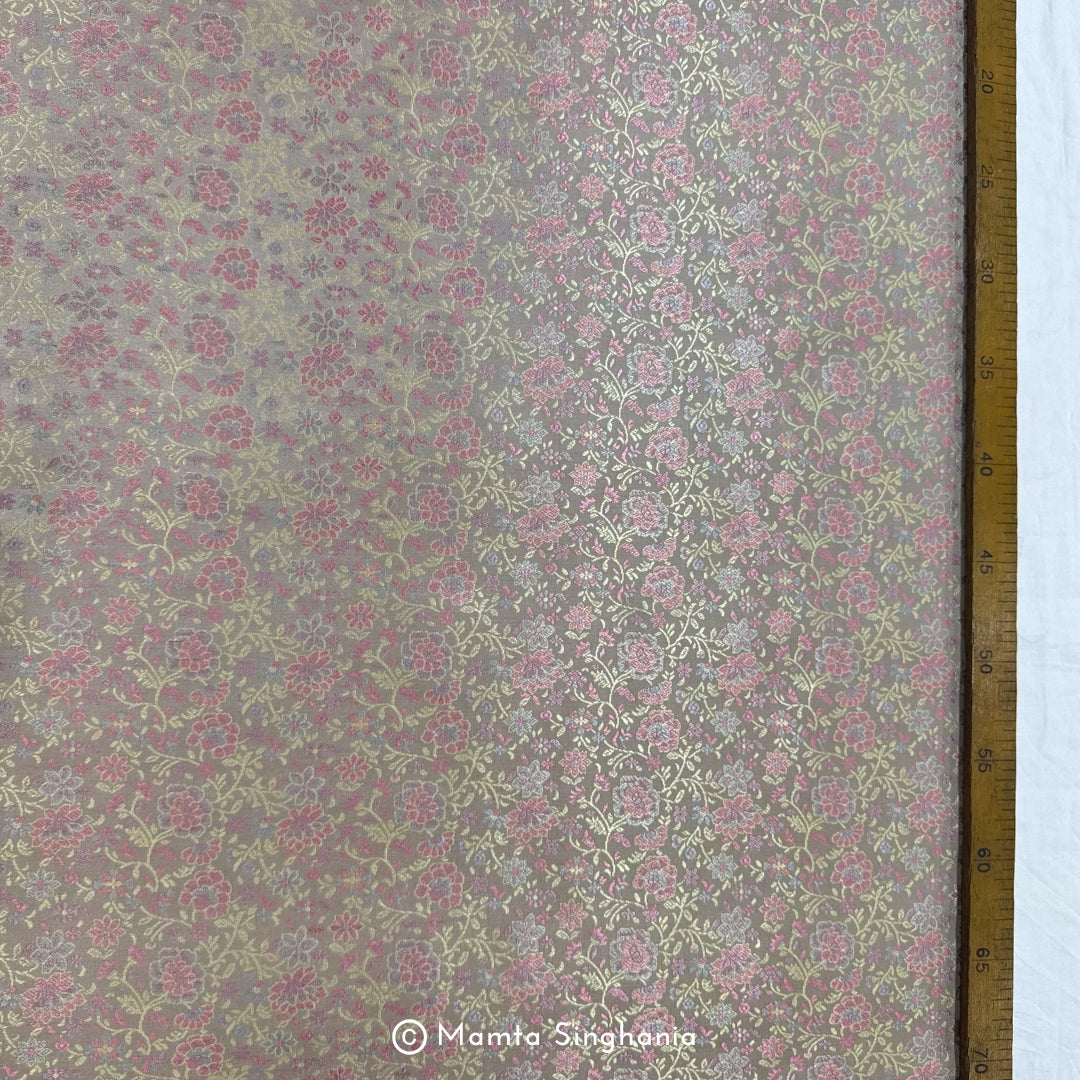 Silver Grey Floral Banarasi Brocade Katan Silk Fabric