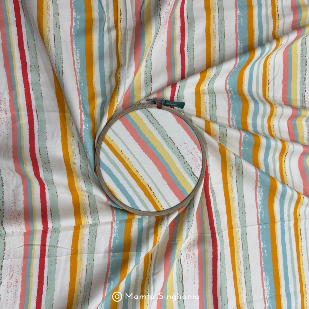 Multi Colour Stripe Printed Muslin Rayon Fabric