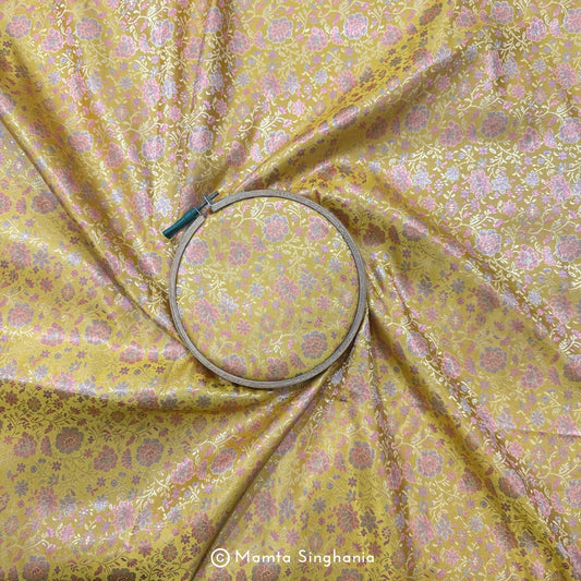 Yellow Floral Banarasi Brocade Katan Silk Fabric