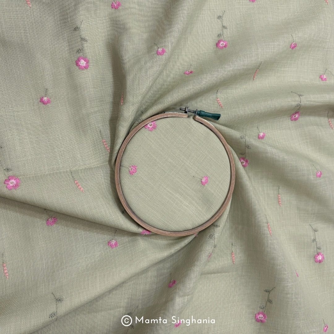 Light Green Floral Embroidered Linen Fabric (2.5m)
