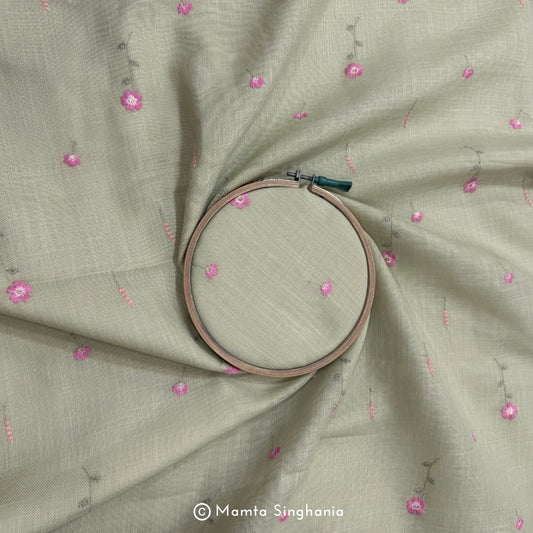 Light Green Floral Embroidered Linen Fabric