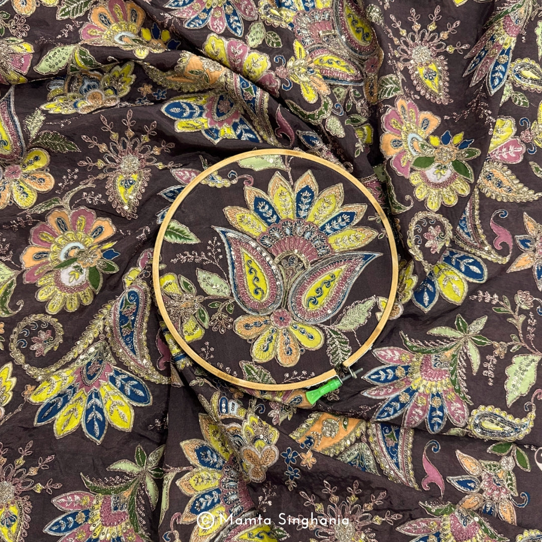 Brown Floral Embroidered Silk Crepe Lehenga Fabric