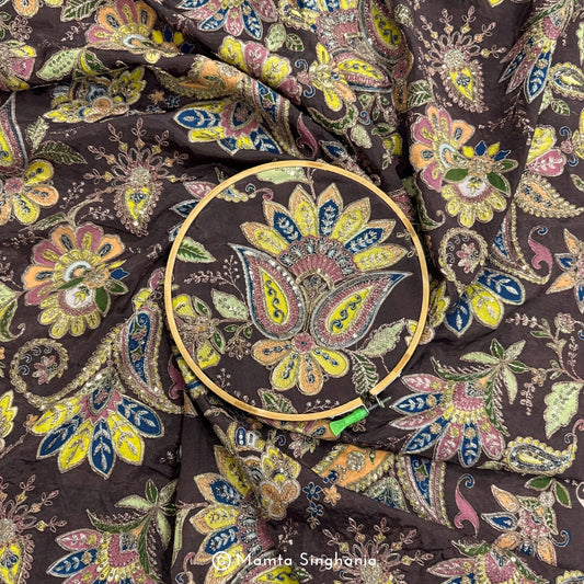 Brown Floral Embroidered Silk Crepe Lehenga Fabric