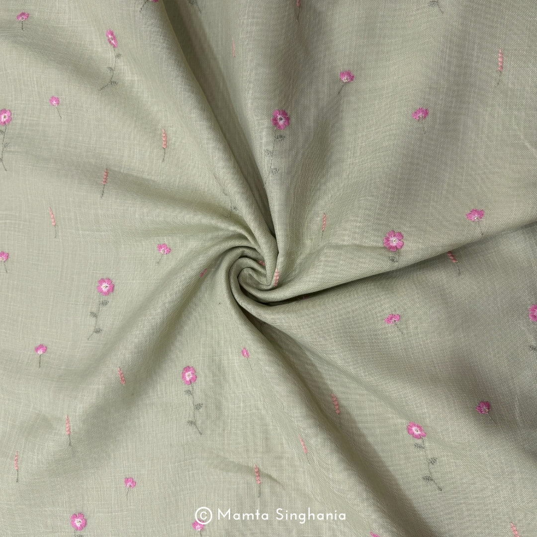 Light Green Floral Embroidered Linen Fabric (2.5m)