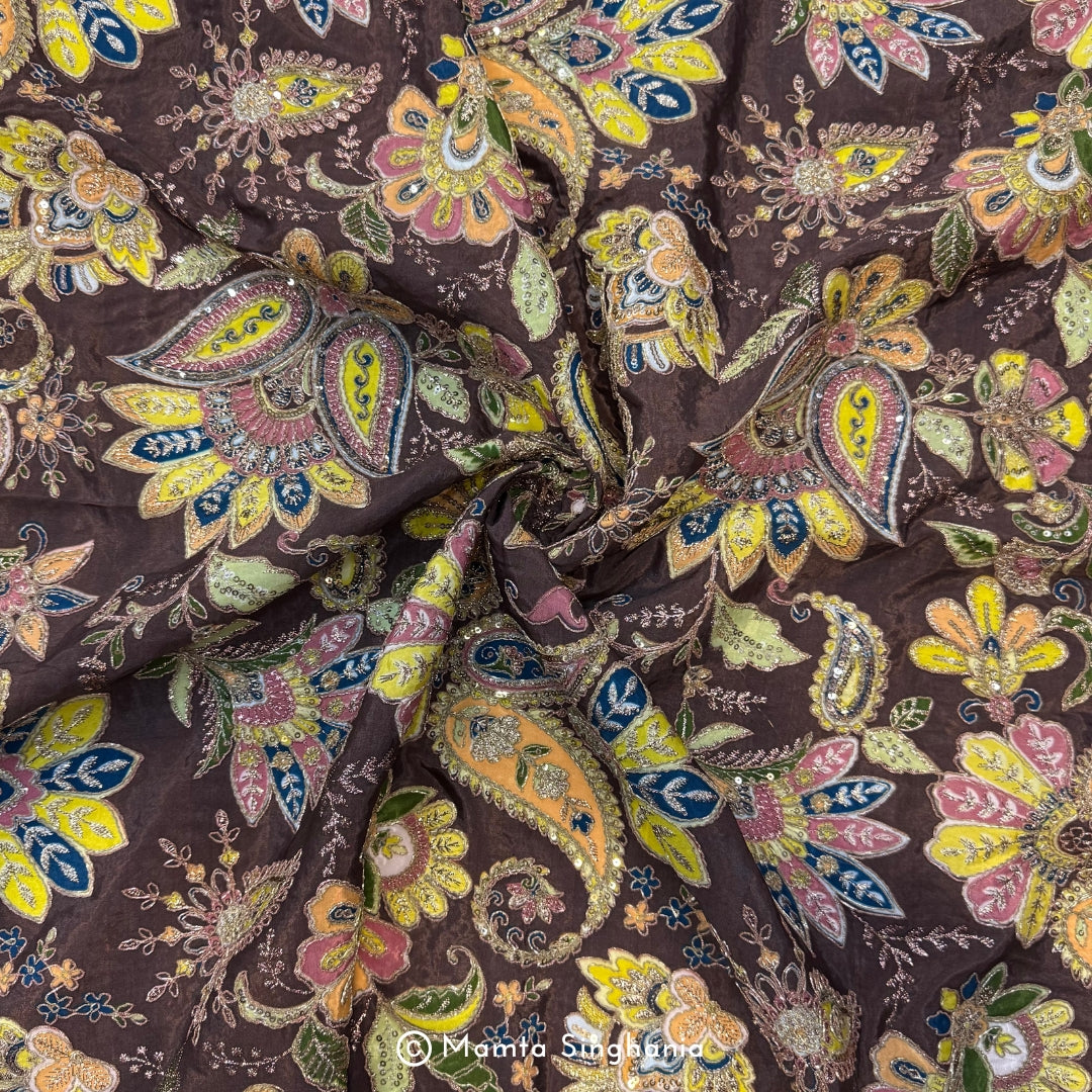 Brown Floral Embroidered Silk Crepe Lehenga Fabric