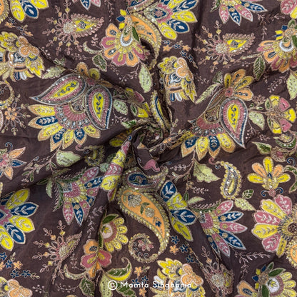 Brown Floral Embroidered Silk Crepe Lehenga Fabric
