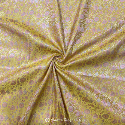 Yellow Floral Banarasi Brocade Katan Silk Fabric