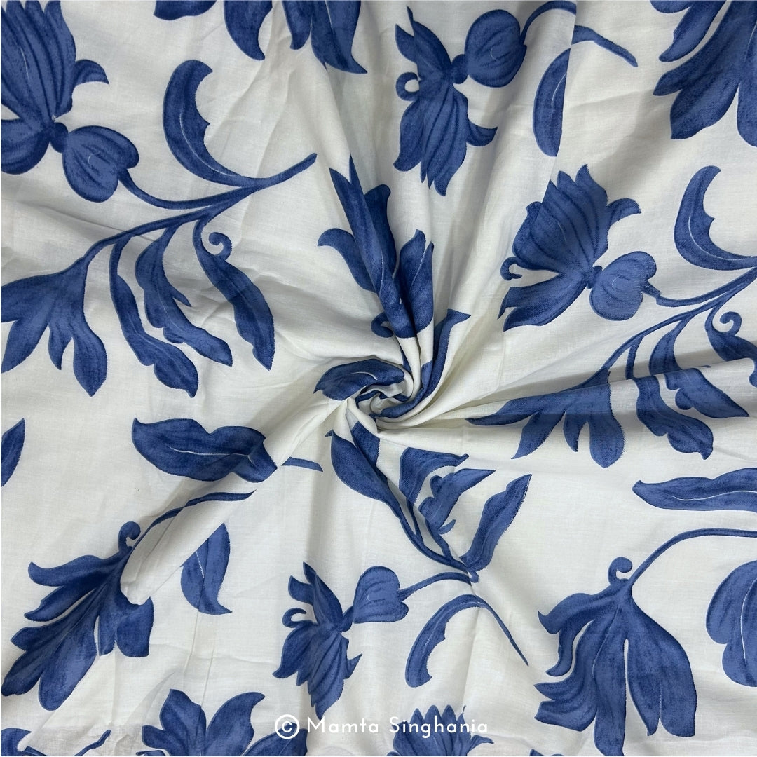 White Blue Floral Printed Cotton Fabric