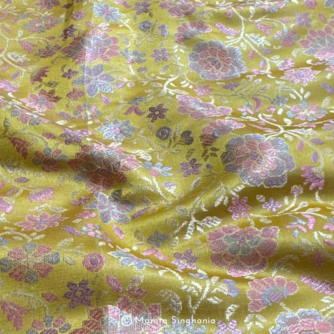 Yellow Floral Banarasi Brocade Katan Silk Fabric