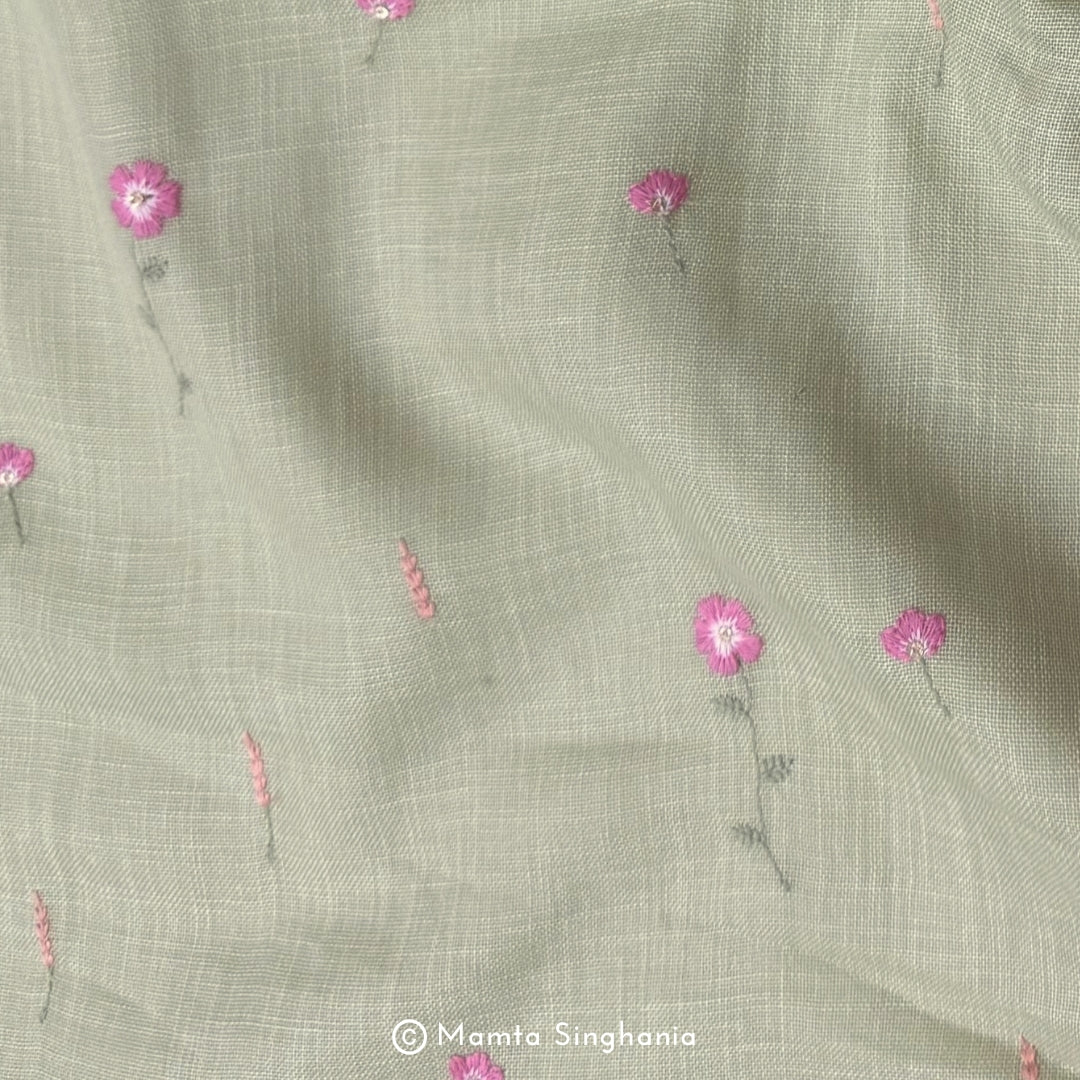 Light Green Floral Embroidered Linen Fabric (2.5m)