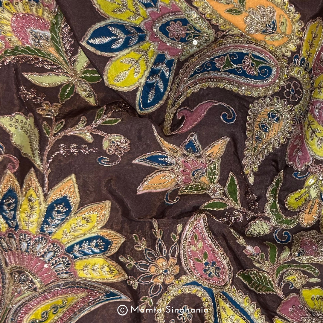 Brown Floral Embroidered Silk Crepe Lehenga Fabric