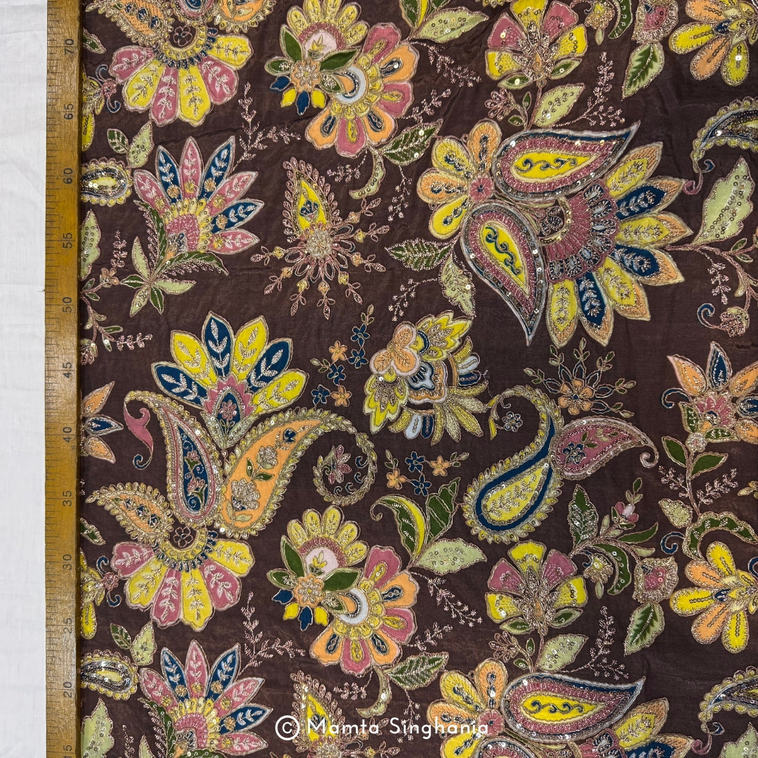 Brown Floral Embroidered Silk Crepe Lehenga Fabric