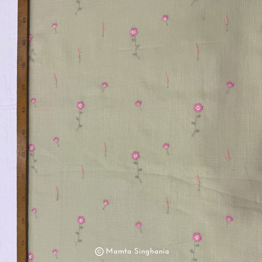 Light Green Floral Embroidered Linen Fabric (2.5m)
