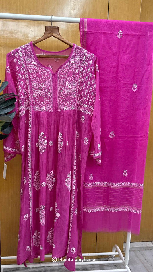 Pink Semi-stitched Chikankari Suit Set