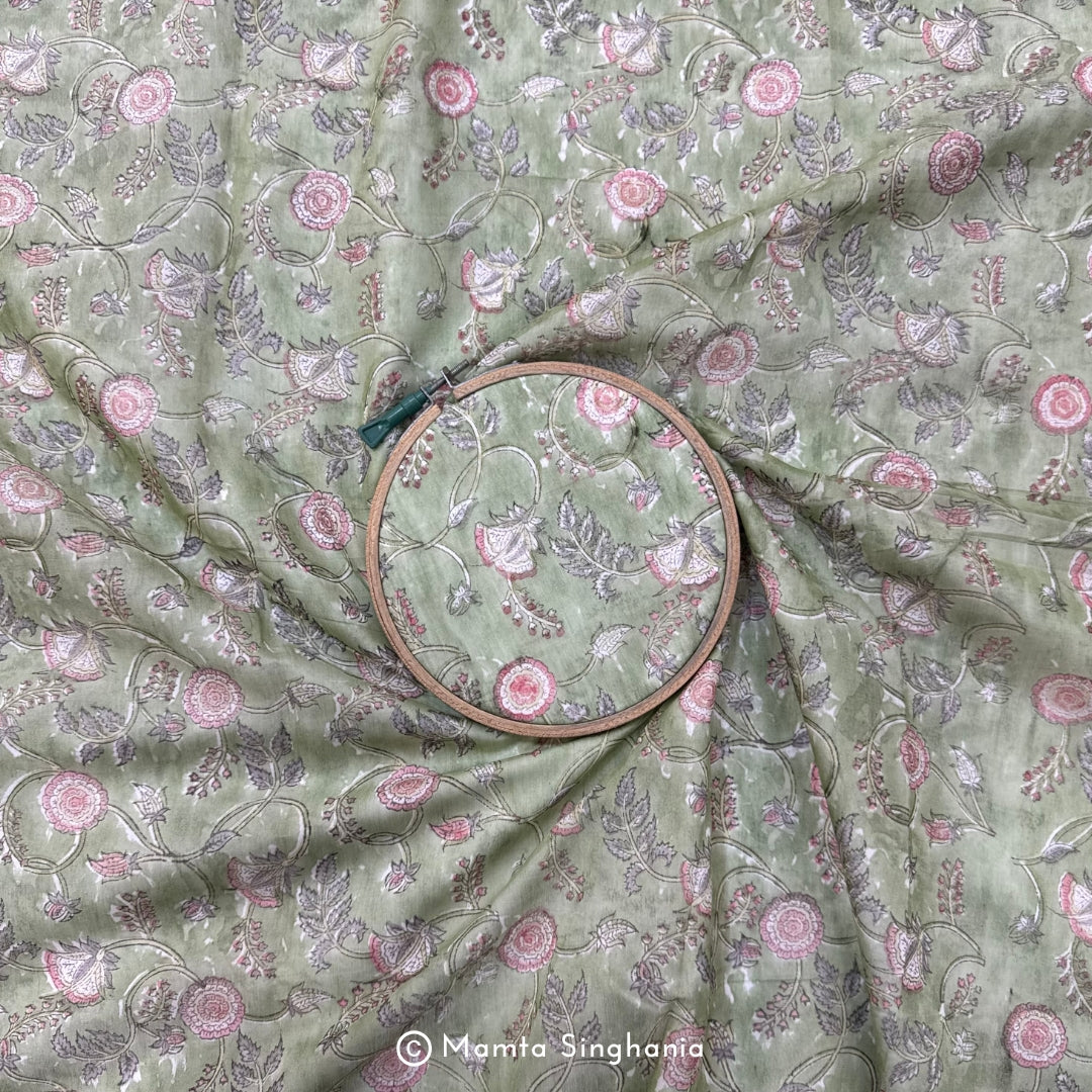 Light Green Floral Printed Mul Chanderi Fabric