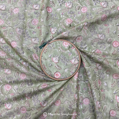 Light Green Floral Printed Mul Chanderi Fabric