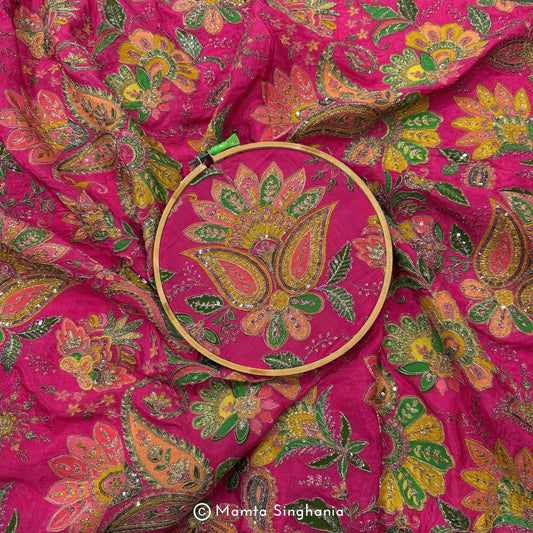Pink Floral Embroidered Silk Crepe Lehenga Fabric
