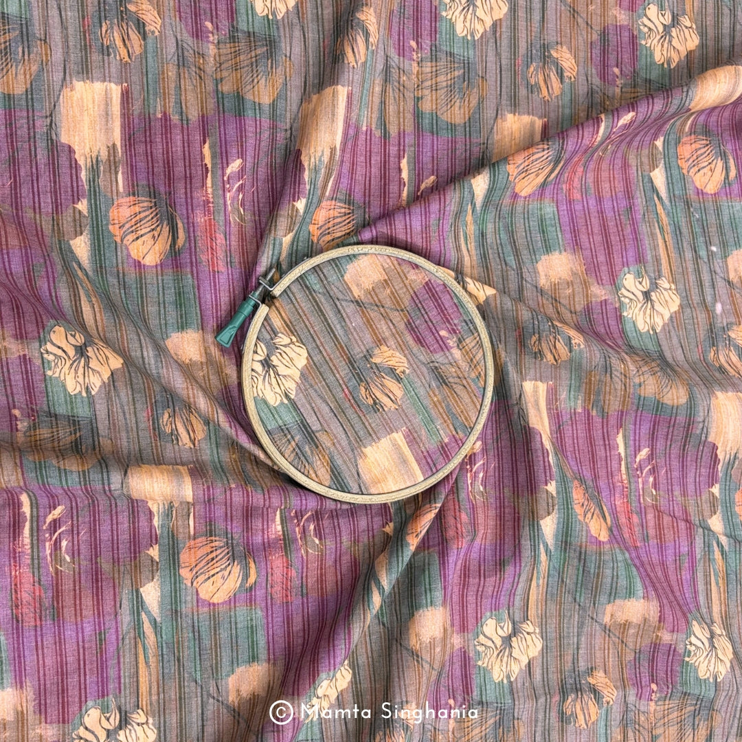 Mauve Peach Floral Printed Self Weave Cotton Fabric