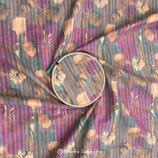 Mauve Peach Floral Printed Self Weave Cotton Fabric