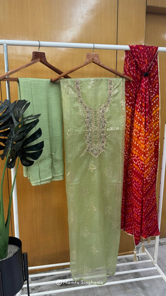 Green Zardozi Foil Printed Unstitched Suit Set