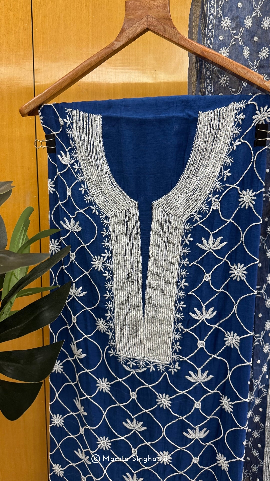 Indigo Blue Mul Chanderi Unstitched Chikankari Suit Set