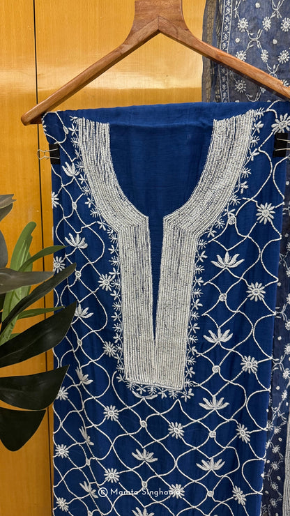 Indigo Blue Mul Chanderi Unstitched Chikankari Suit Set