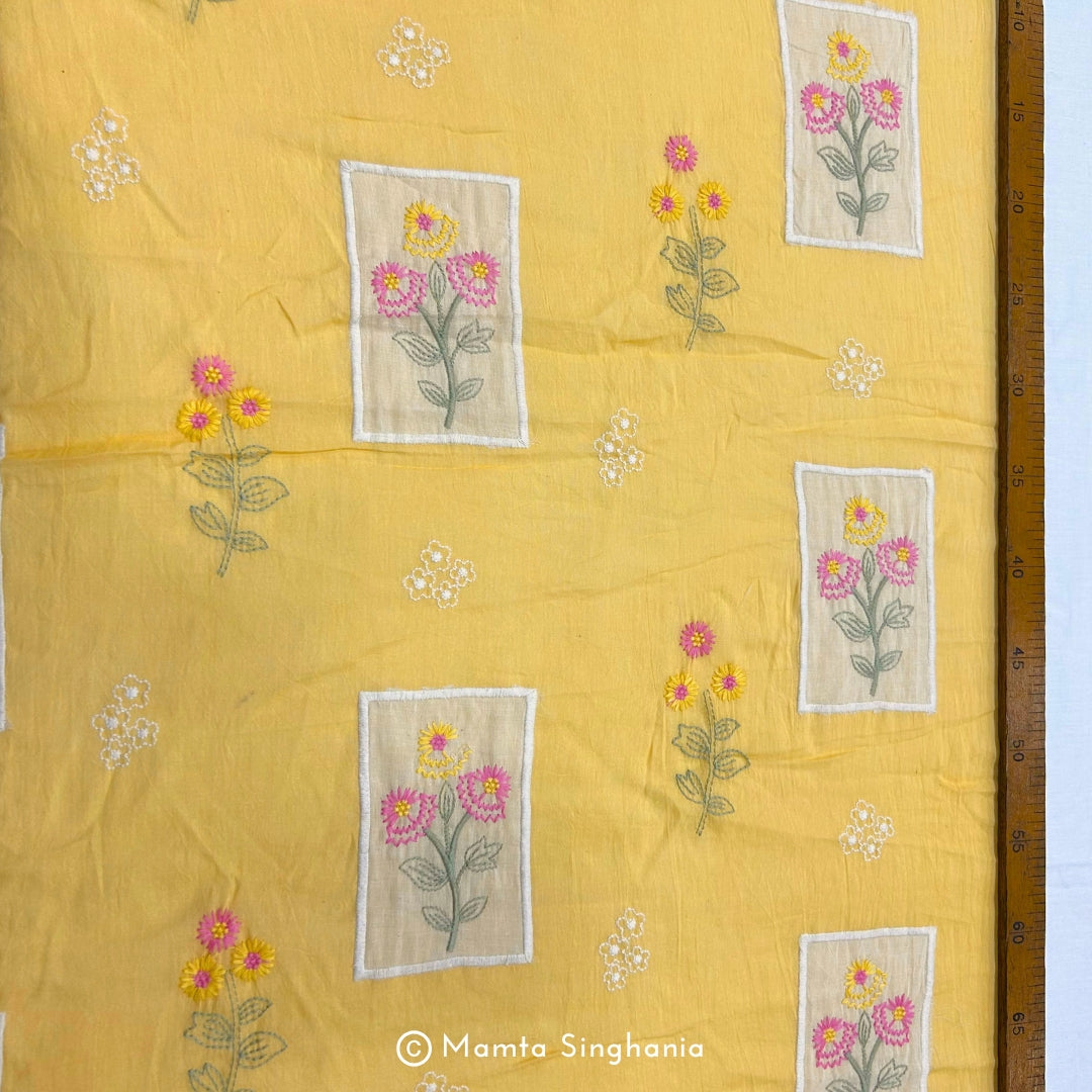 Mango Yellow Floral Embroidered Mul Chanderi Fabric