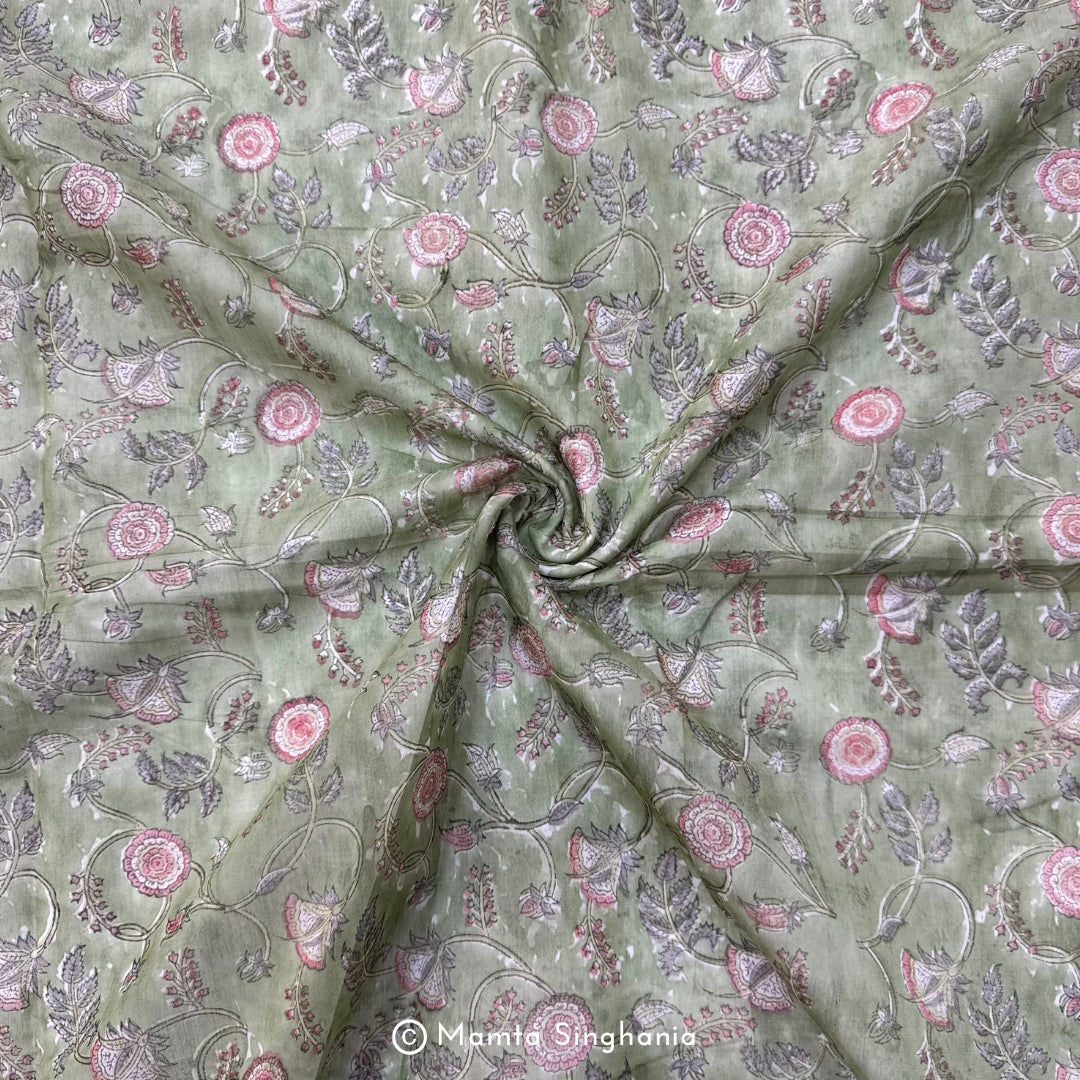 Light Green Floral Printed Mul Chanderi Fabric