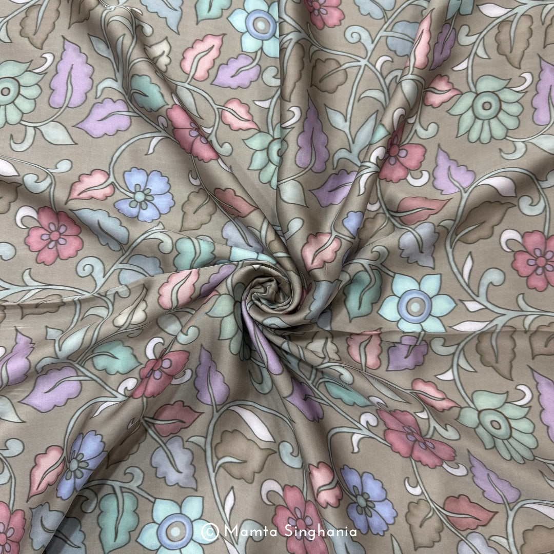 Steel Grey Floral Printed Modal Satin