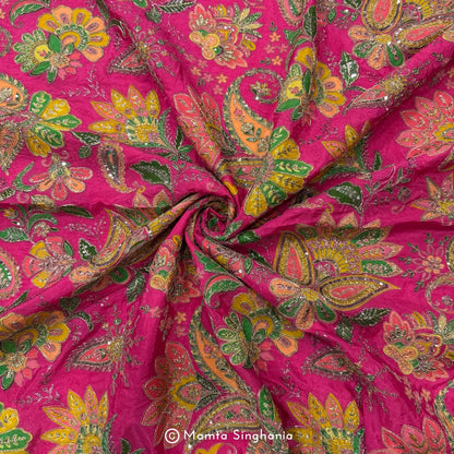 Pink Floral Embroidered Silk Crepe Lehenga Fabric