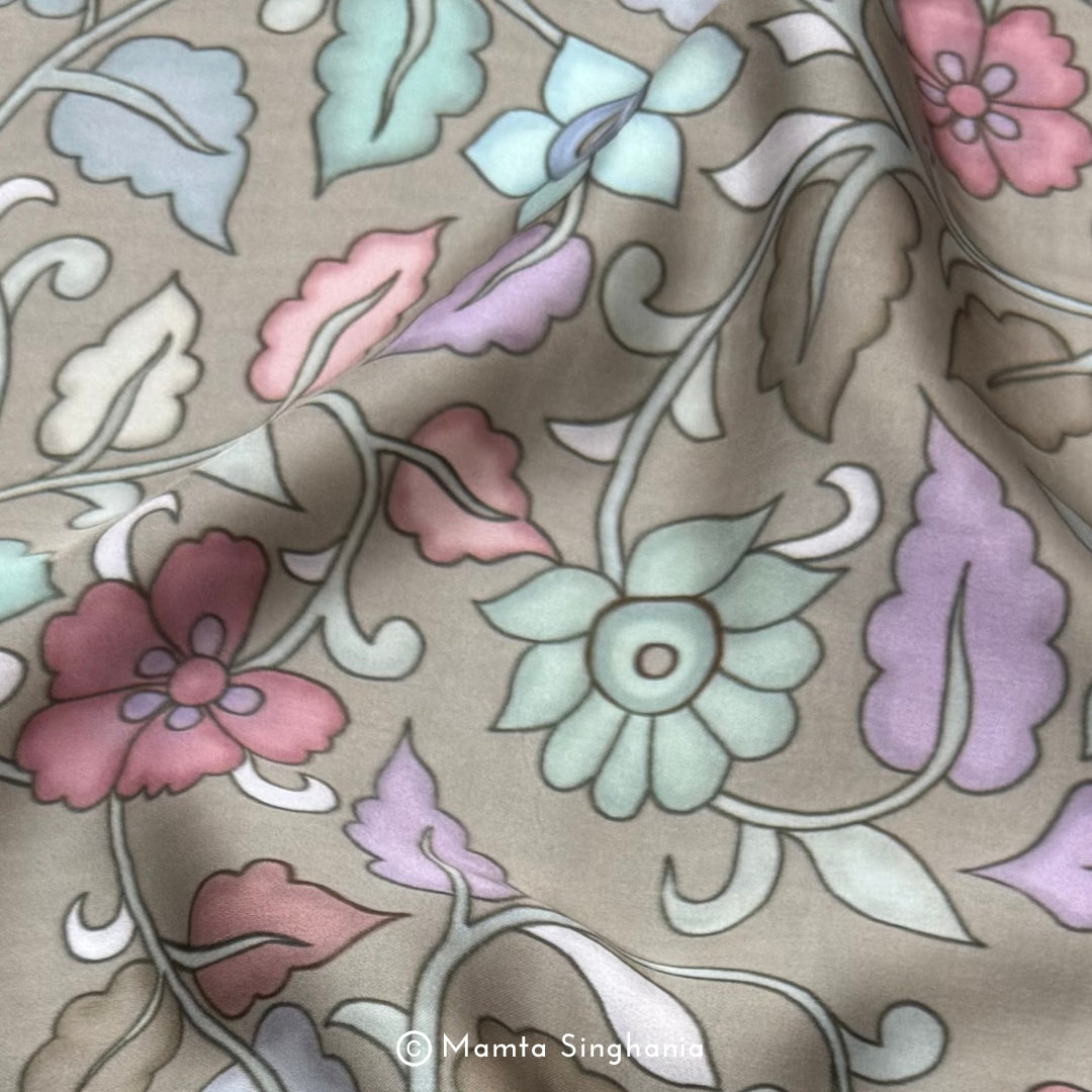 Steel Grey Floral Printed Modal Satin