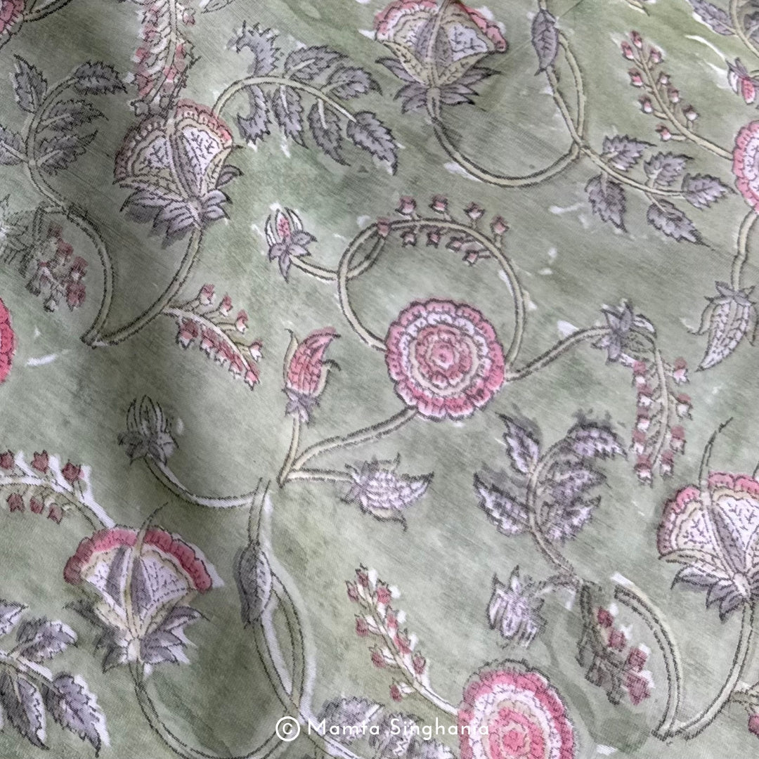 Light Green Floral Printed Mul Chanderi Fabric