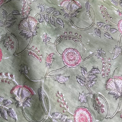 Light Green Floral Printed Mul Chanderi Fabric
