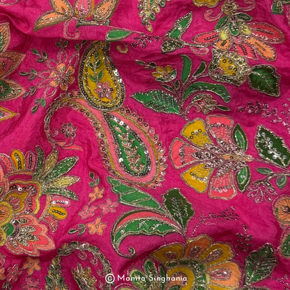 Pink Floral Embroidered Silk Crepe Lehenga Fabric